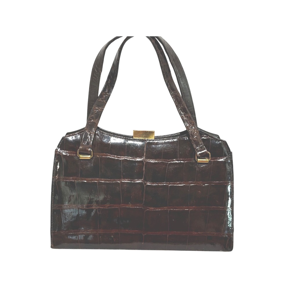 Vintage Bellestone Brown alligator Skin Top Handle Handbag Purse Gold clip